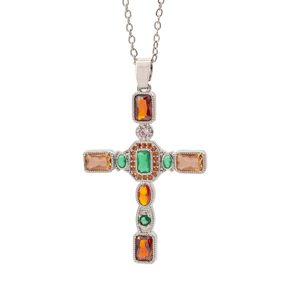 European And American Style Fashionable Colorful Zircon Cross Necklace For Women, Luxurious Look