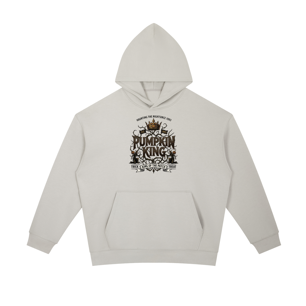 A light gray pullover hoodie with a black graphic print on the chest reading 'Pumpkin King' with a crown and decorative elements, displayed on a solid white background.