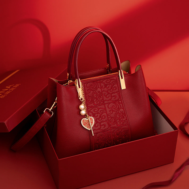 Embroidered Red High-Capacity Tote Bag Large Festive Shoulder Bag