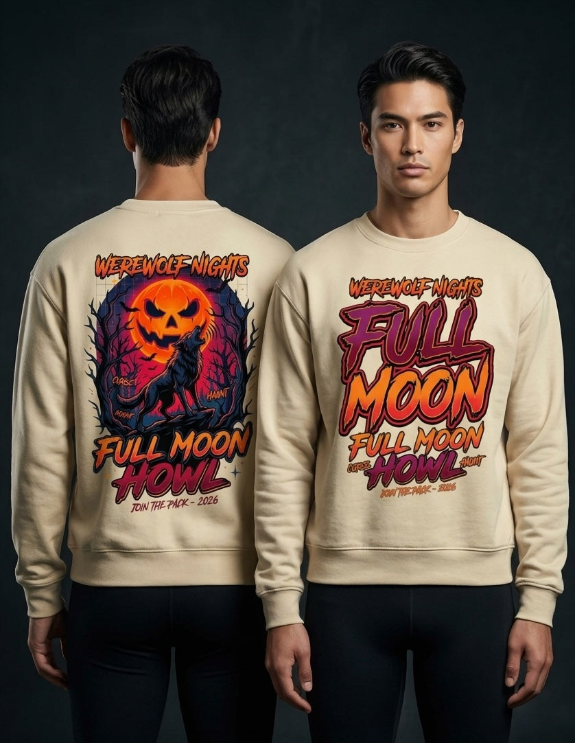 Two male models shown from the back and front wearing a cream-colored crewneck sweatshirt with a large Halloween graphic. The back features a spooky wolf and jack-o'-lantern design, while the front displays 'FULL MOON HOWL' in bold red and orange lettering.