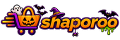 A Halloween-themed graphic logo featuring the word 'shapoo' in orange and purple dripping letters, alongside a shopping cart filled with jack-o'-lanterns, a witch hat, bats, a ghost, and green slime on a black background.