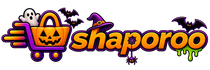 A Halloween-themed graphic logo featuring the word 'shapoo' in orange and purple dripping letters, alongside a shopping cart filled with jack-o'-lanterns, a witch hat, bats, a ghost, and green slime on a black background.