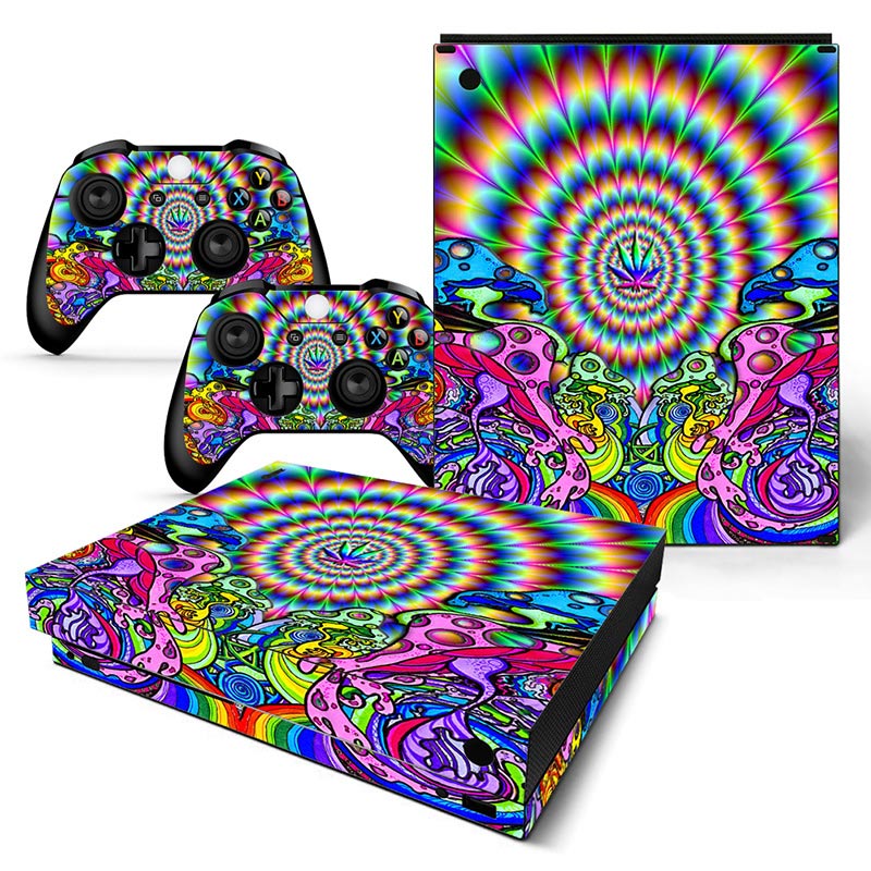 Colorful psychedelic design skin for a gaming console and controllers on a white background