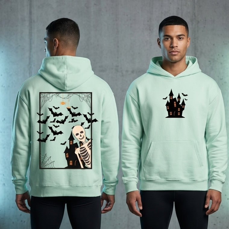 A black Essential Heavyweight Hoodie featuring a spooky skeleton leaning out of a window Halloween graphic