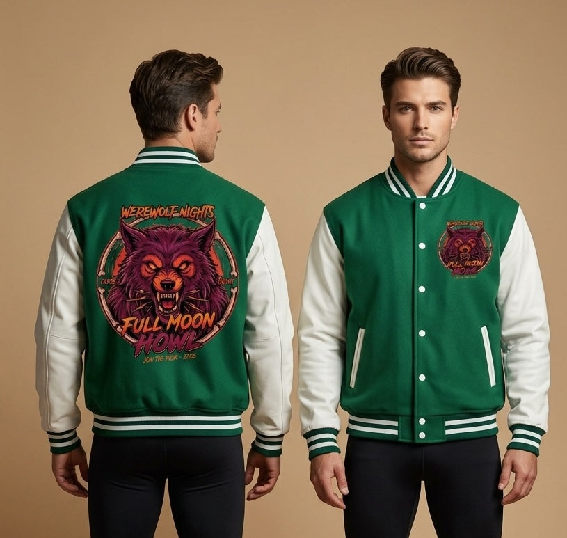 A man modeling a green and white varsity jacket from both the front and back against a solid beige background. The jacket features a green body with white sleeves, green and white striped ribbed collar, cuffs, and hem, and detailed graphic prints on the back and chest.